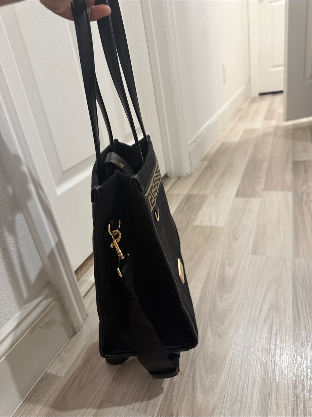 Versace Black Tote with Gold Greek Key Accent - Picture 6 of 8